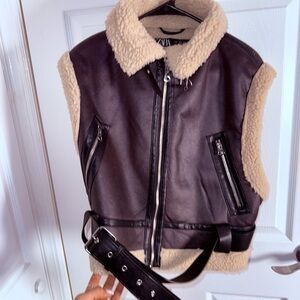 Zara Leather Vest with Shearling Trim
